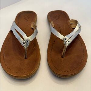 OluKai Silver Tan Sandals with Double-Strap Design